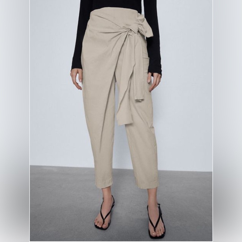 ZARA Sz M Pareo Cream Bow Tie-Waist Pants Unlined NEW WITH TAGS